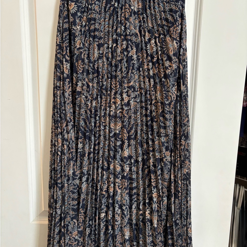 Floral Pleated Maxi Skirt - Blue and Tan